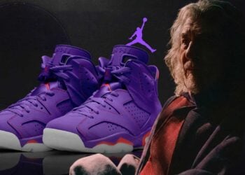 Purple Air Jordan 6 "Magneto" concept sneaker beside Ian McKellen's Magneto for Avengers: Doomsday