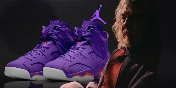 Purple Air Jordan 6 "Magneto" concept sneaker beside Ian McKellen's Magneto for Avengers: Doomsday
