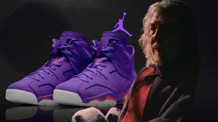 Purple Air Jordan 6 "Magneto" concept sneaker beside Ian McKellen's Magneto for Avengers: Doomsday