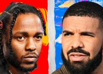 Kendrick Lamar and Drake face off in a split image representing their sneaker collaboration rivalry