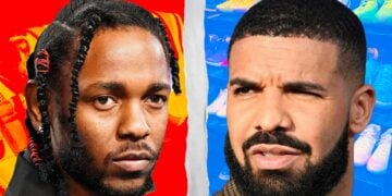 Kendrick Lamar and Drake face off in a split image representing their sneaker collaboration rivalry