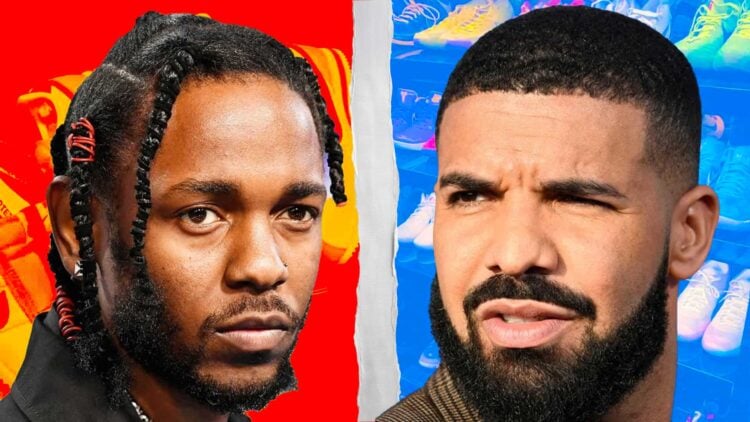 Kendrick Lamar and Drake face off in a split image representing their sneaker collaboration rivalry