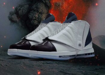 Air Jordan 16 Retro Midnight Navy white tumbled leather and patent leather toe with shroud detail