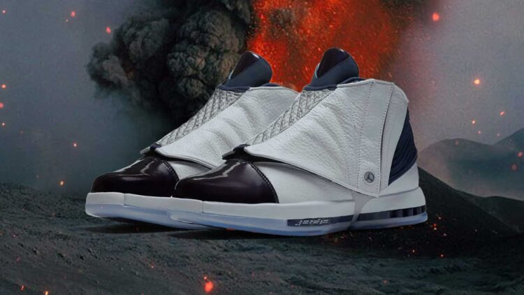 Air Jordan 16 Retro Midnight Navy white tumbled leather and patent leather toe with shroud detail