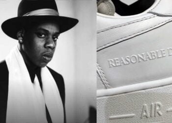 Jay-Z portrait beside a close-up of the Nike Air Force 1 Low "Reasonable Doubt" heel embossed with Roc-A-Fella and "Reasonable Doubt 1996" branding