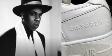 Jay-Z portrait beside a close-up of the Nike Air Force 1 Low "Reasonable Doubt" heel embossed with Roc-A-Fella and "Reasonable Doubt 1996" branding