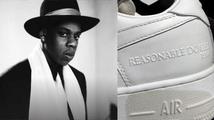 Jay-Z portrait beside a close-up of the Nike Air Force 1 Low "Reasonable Doubt" heel embossed with Roc-A-Fella and "Reasonable Doubt 1996" branding