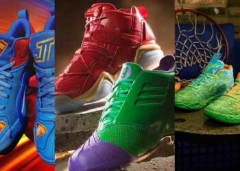 Three superhero-themed basketball sneakers side by side: a blue and red Jordan Tatum 3 with Superman shield detailing, an adidas Hulk and Iron Man colorway pair, and a green and orange PUMA TMNT sneaker