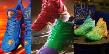 Three superhero-themed basketball sneakers side by side: a blue and red Jordan Tatum 3 with Superman shield detailing, an adidas Hulk and Iron Man colorway pair, and a green and orange PUMA TMNT sneaker