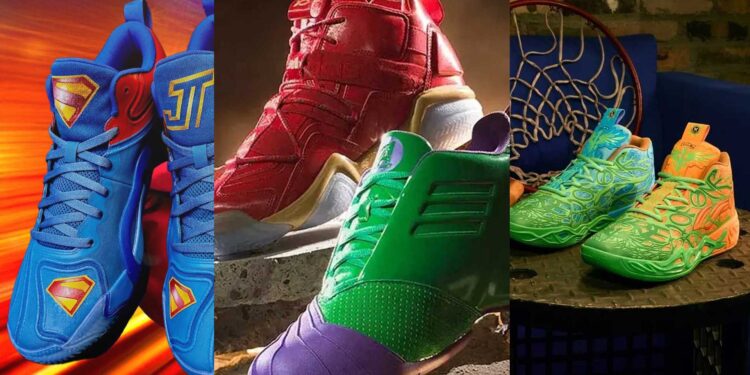 Three superhero-themed basketball sneakers side by side: a blue and red Jordan Tatum 3 with Superman shield detailing, an adidas Hulk and Iron Man colorway pair, and a green and orange PUMA TMNT sneaker