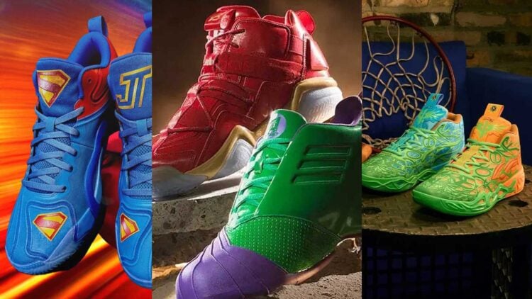 Three superhero-themed basketball sneakers side by side: a blue and red Jordan Tatum 3 with Superman shield detailing, an adidas Hulk and Iron Man colorway pair, and a green and orange PUMA TMNT sneaker