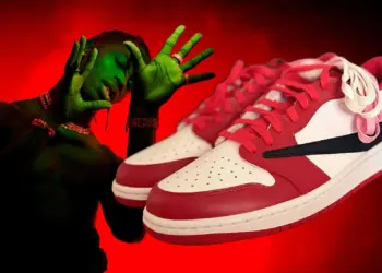 Travis Scott x Air Jordan 1 Low OG in a red, white, and black 'Chicago'-style colorway, with Travis Scott pictured beside it