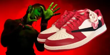 Travis Scott x Air Jordan 1 Low OG in a red, white, and black 'Chicago'-style colorway, with Travis Scott pictured beside it