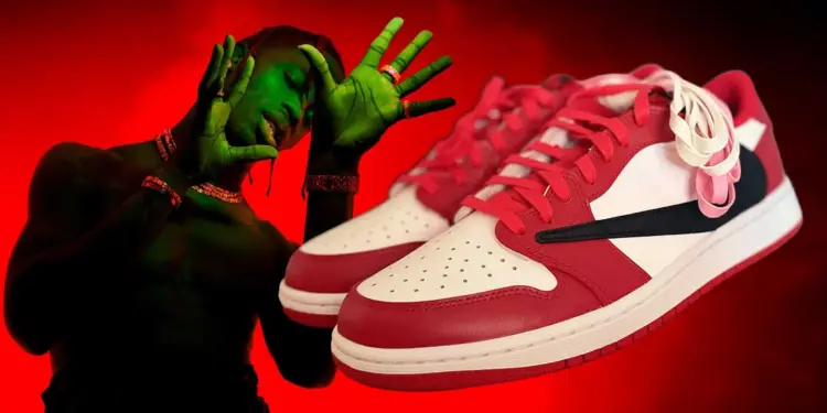 Travis Scott x Air Jordan 1 Low OG in a red, white, and black 'Chicago'-style colorway, with Travis Scott pictured beside it