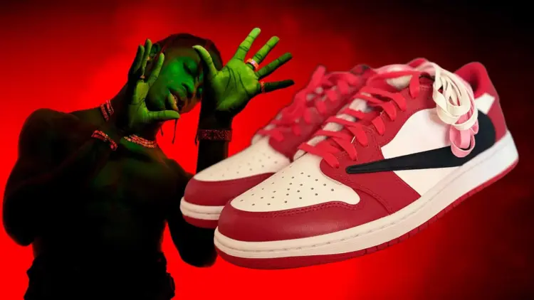 Travis Scott x Air Jordan 1 Low OG in a red, white, and black 'Chicago'-style colorway, with Travis Scott pictured beside it